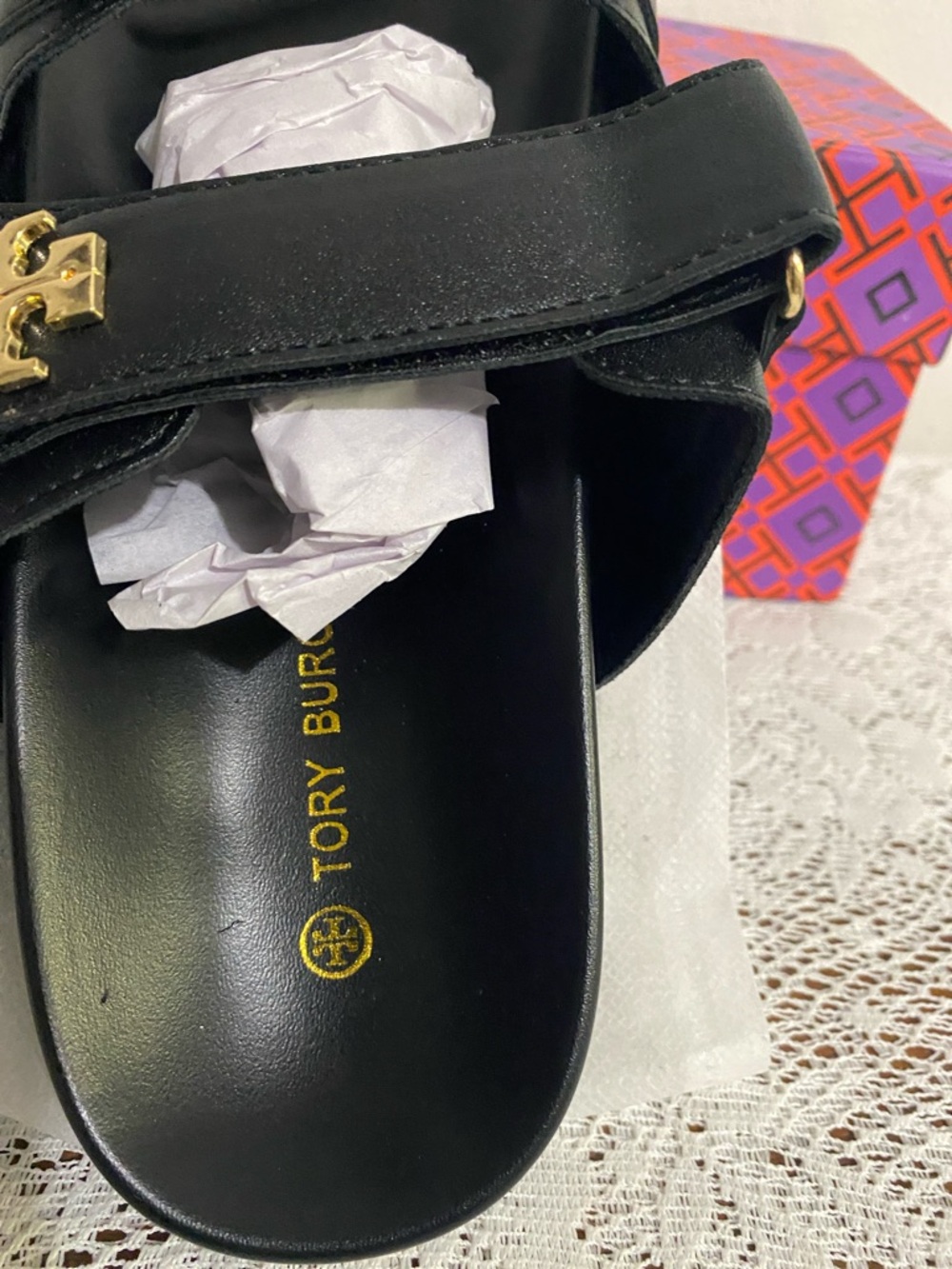 Tory Burch Black Leather Double-Strap Slides with Gold Logo Accents - Picture 3 of 5